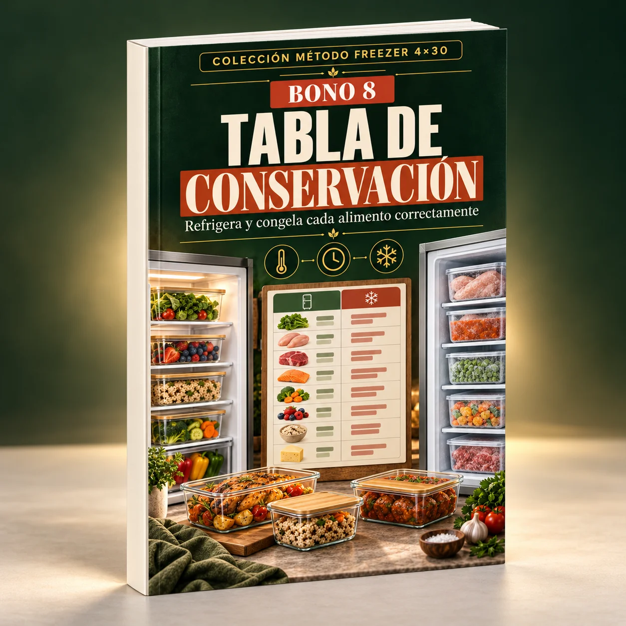 Portada del bono Tabla de Conservación con nevera y congelador organizados