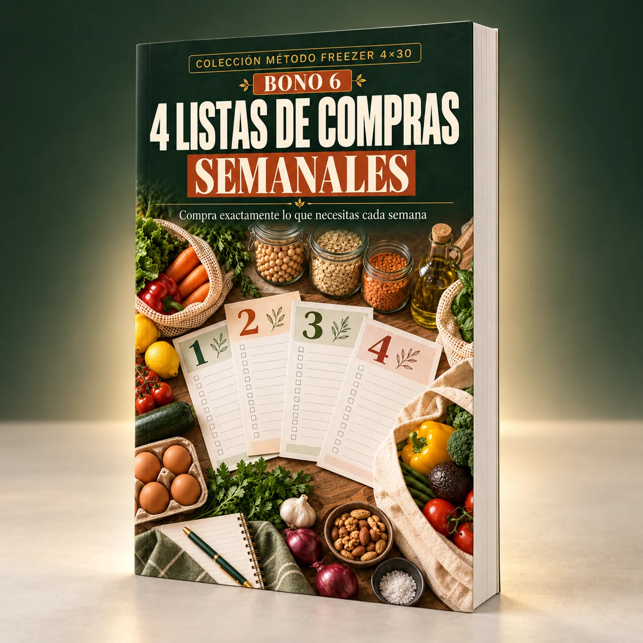 Portada del bono 4 Listas de Compras Semanales con listas numeradas e ingredientes frescos