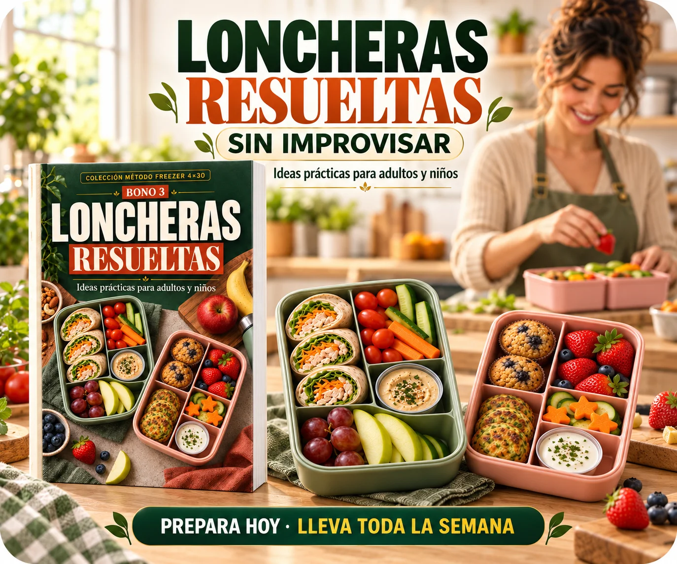 Portada del bono Loncheras Resueltas con loncheras llenas de wraps, fruta y muffins