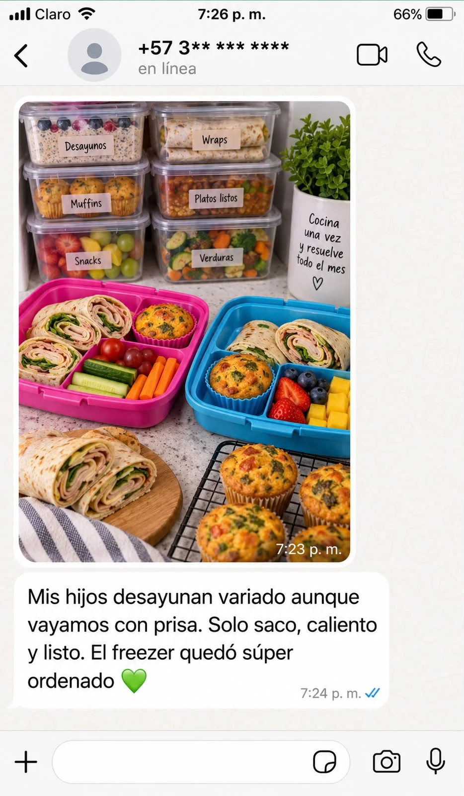 Testimonio real por WhatsApp: desayunos variados listos para sacar y calentar con el freezer ordenado