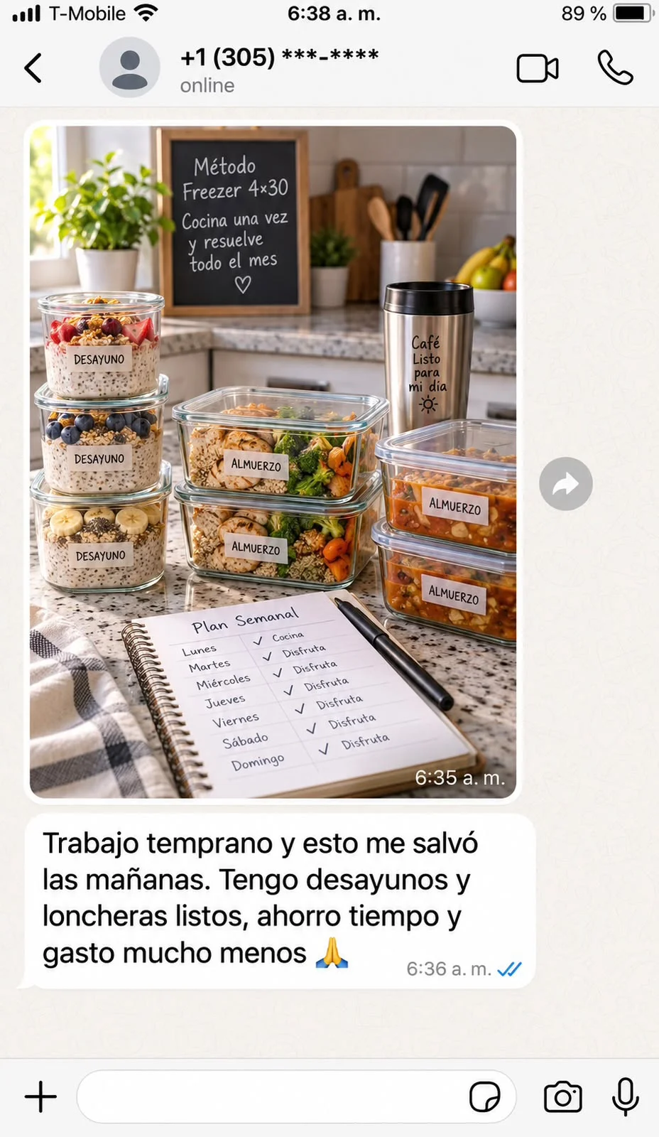 Testimonio real por WhatsApp: desayunos y loncheras listos para las mañanas con plan semanal
