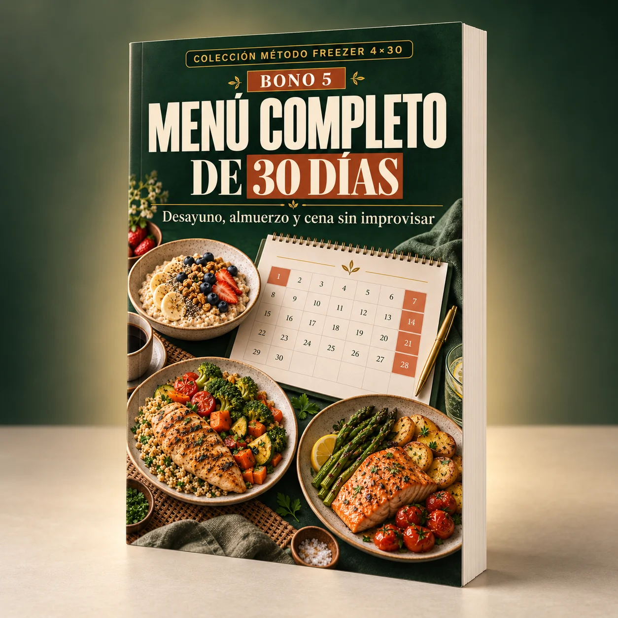Portada del bono Menú Completo de 30 Días con un calendario mensual y platos de comida