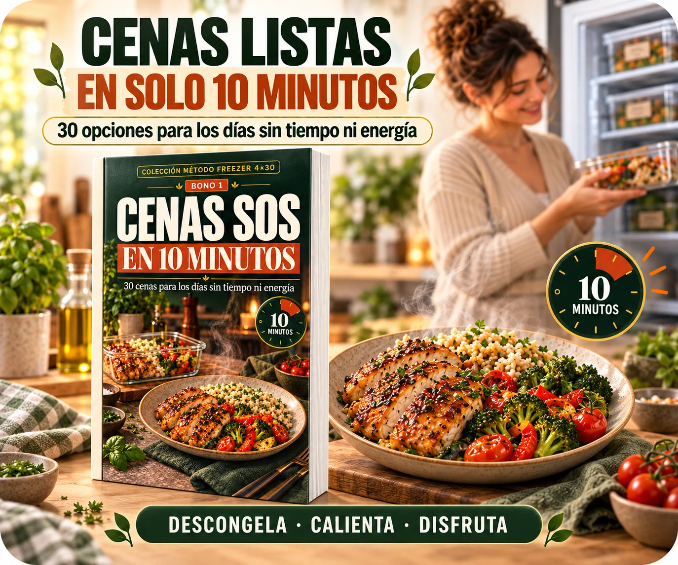 Portada del bono Cenas SOS en 10 Minutos con un plato de pollo y verduras listo para servir
