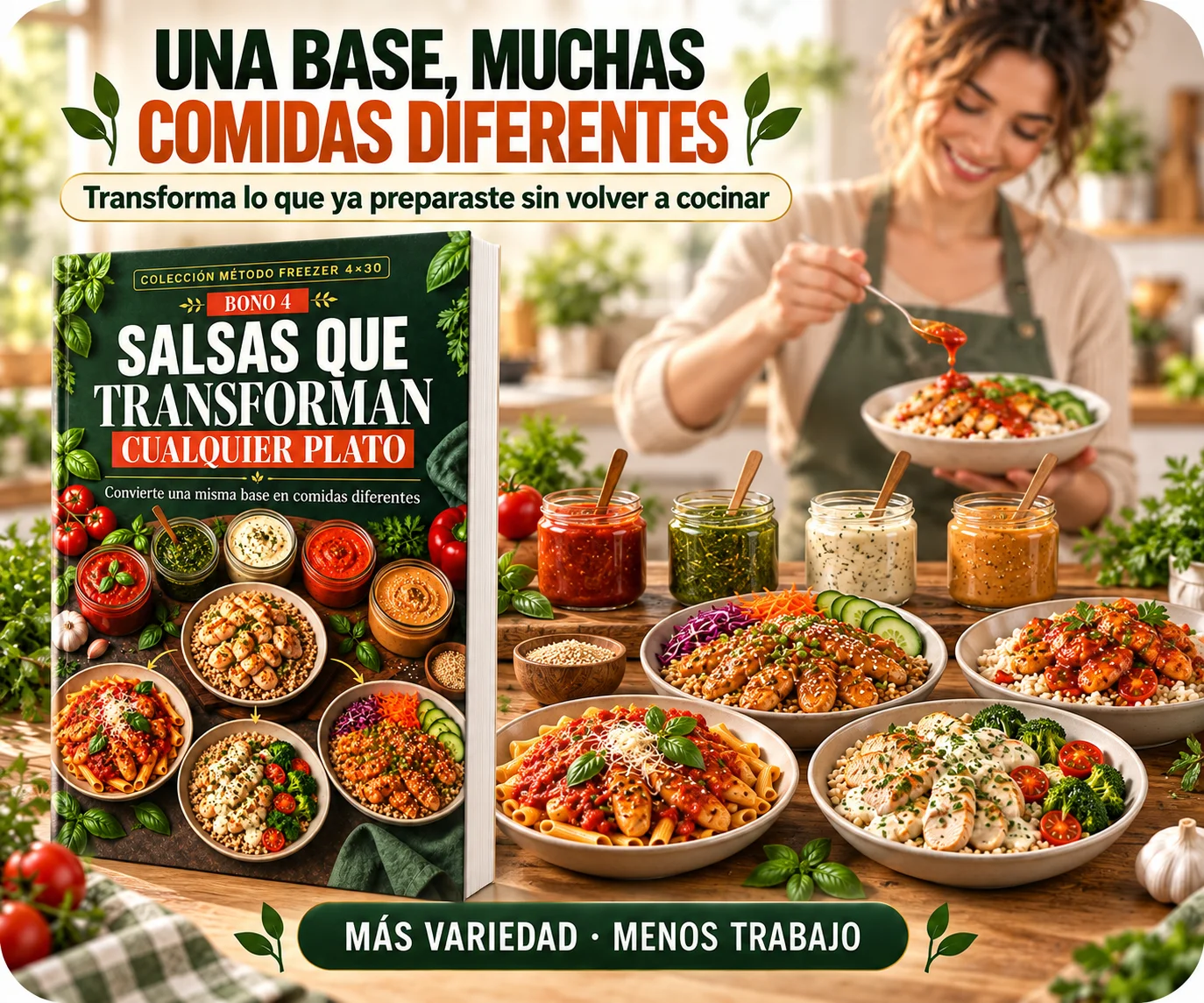 Portada del bono Salsas que Transforman Cualquier Plato con frascos de salsas y platos variados