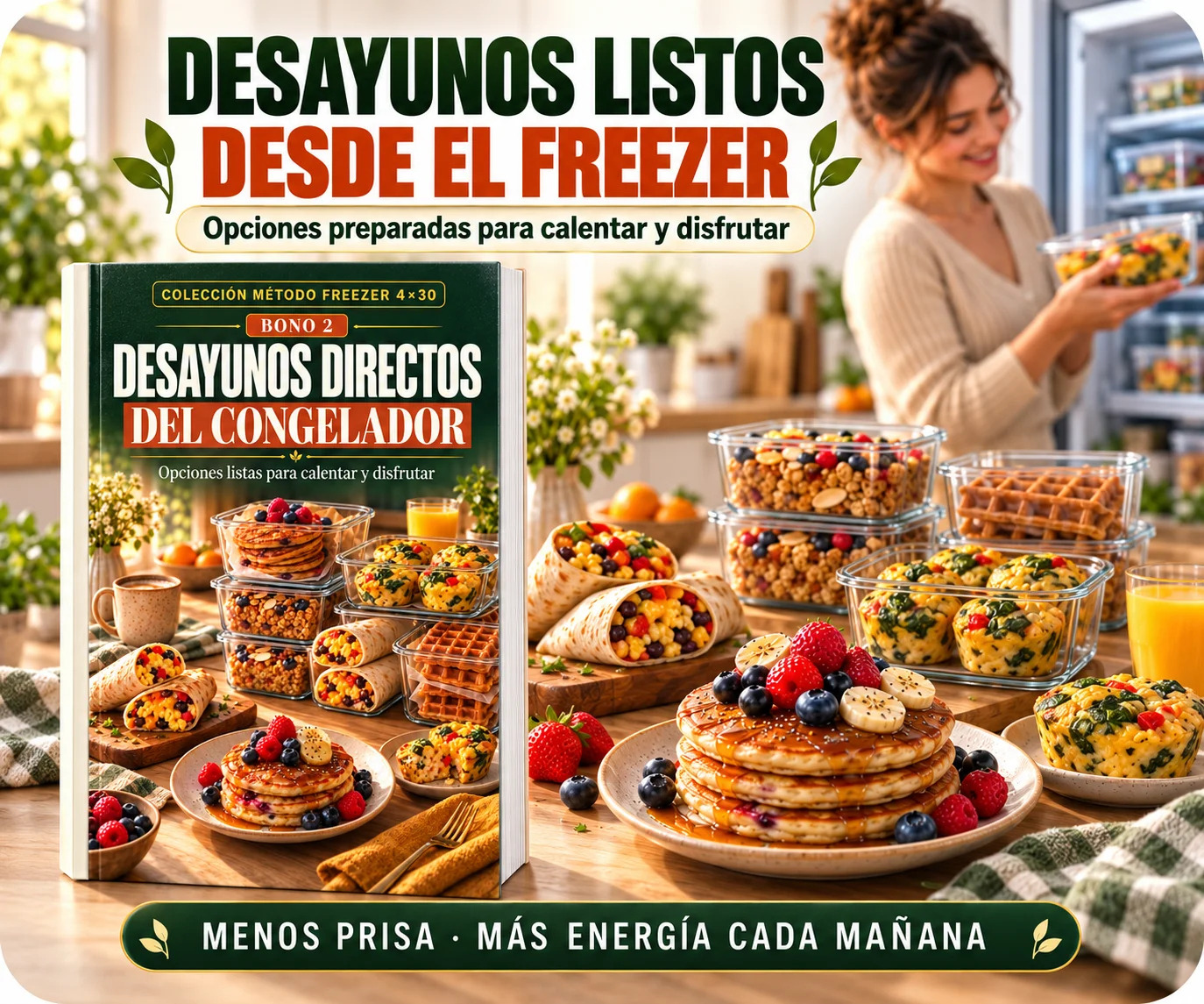 Portada del bono Desayunos Directos del Congelador con tortitas, burritos y recipientes de desayunos
