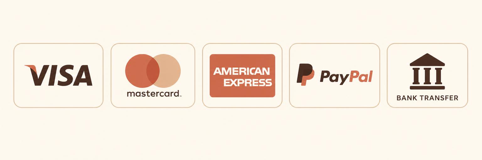 Métodos de pago aceptados: Visa, Mastercard, American Express, PayPal y transferencia bancaria